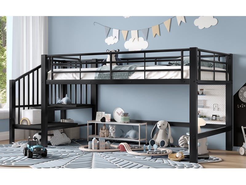  Lit mi-hauteur 90 × 200 cm, escalier à marches ouvertes, espace libre sous le lit, sommier à lattes, métal et mdf, noir  - Conforama B