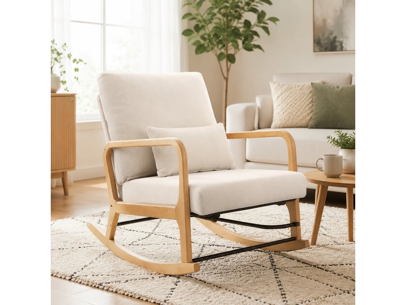  Fauteuil à bascule, dossier réglable 3 positions, repose-pieds intégré, polyester crème  - Conforama C