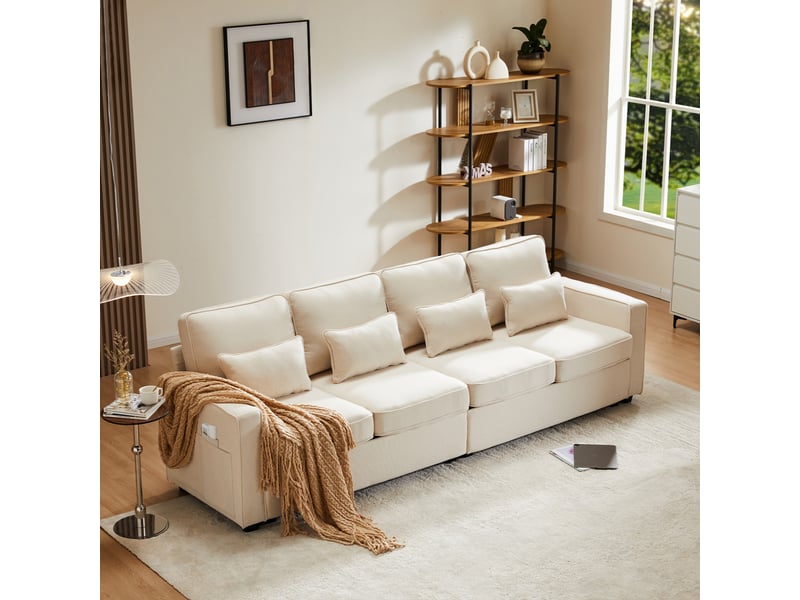  Canapé 4 places modenvie en tissu aspect lin beige 264 x 83 x 87 cm avec poches d'accoudoirs  - Conforama E