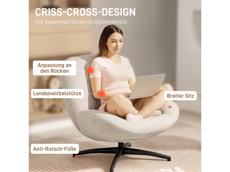  Fauteuil pivotant à 360° en tissu chenille et acier blanc crème 89 x 83 x 85 cm  - Conforama D