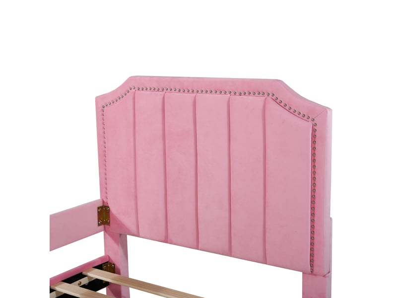  Lit jeune 90x200 cm avec rivets et sommier, flanelle, rose, sans matelas  - Conforama E