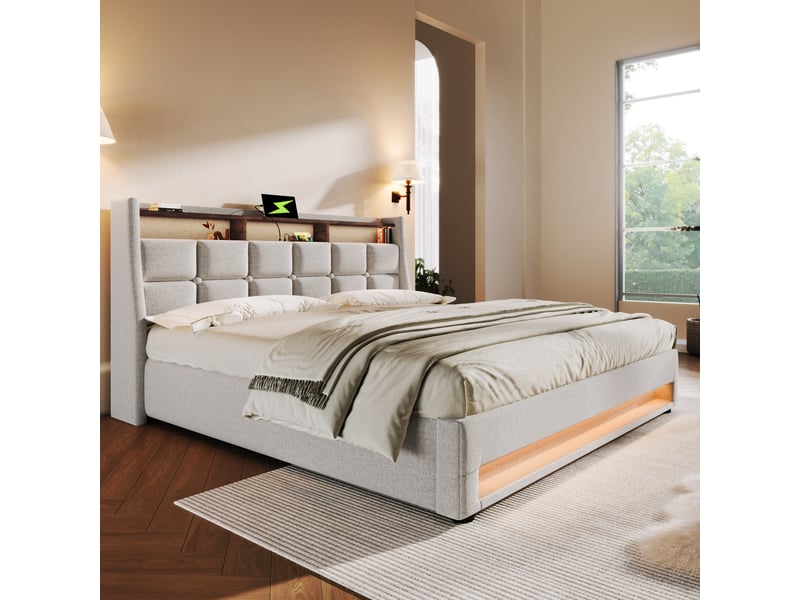  Lit double rembourré 140x200cm avec tête de lit, led, usb, coffre et structure solide, beige, sans matelas  - Conforama E