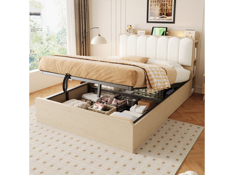  Lit coffre 140 × 200 cm, sommier relevable, tête de lit avec étagères, usb et veilleuse, finition bois naturel  - Conforama D