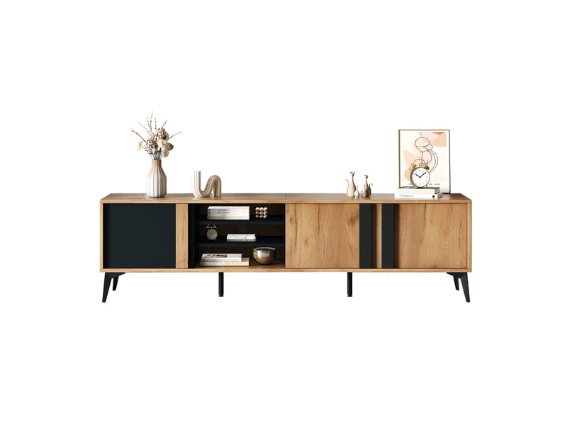 Meuble tv bas 180 x 40 x 50 cm, 3 portes, 4 niches, marron et noir - Conforama A