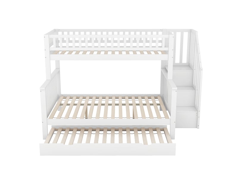 Lit superposé 90x200 cm + 140x200 cm avec lit gigogne et escalier, bois, blanc, sans matelas - Conforama E