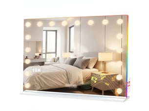 Miroir maquillage hollywood 18 ampoules led, 3 couleurs d'éclairage, lumière rgb, haut-parleur bluetooth, blanc