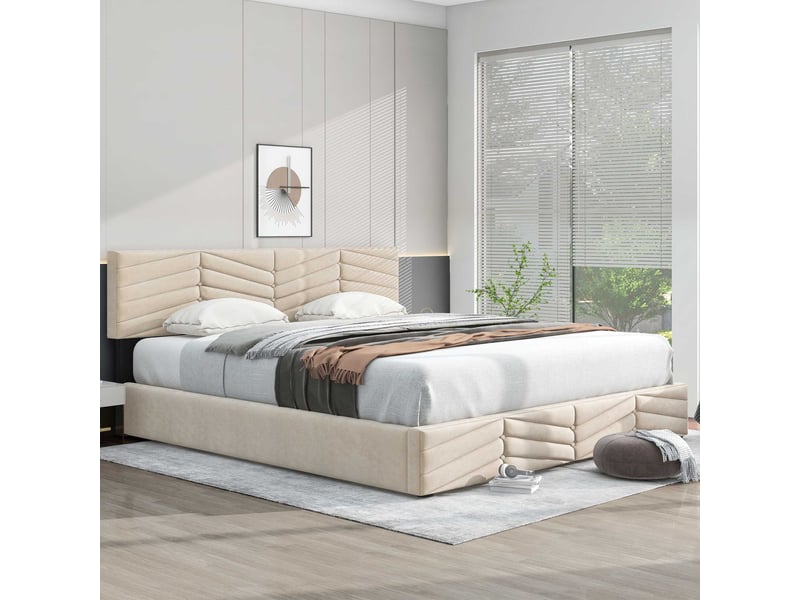 Lit coffre 180x200 cm rembourré, rangement hydraulique, tête de lit réglable en velours avec design rayé et boutons, beige - Conforama B
