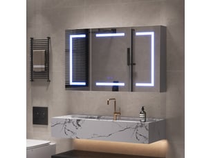 Armoire murale de salle de bain 100x60x13.5 cm, asymétrique à trois portes, éclairage led et prise européenne, blanc