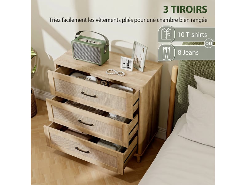  Commode 3 tiroirs en rotin et bois massif coloris chêne 76 x 35 x 76 cm  - Conforama D