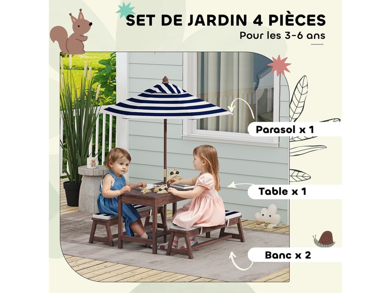  Ensemble salon de jardin extérieur enfant avec coussins et parasol amovible, rayé bleu marine et blanc  - Conforama E