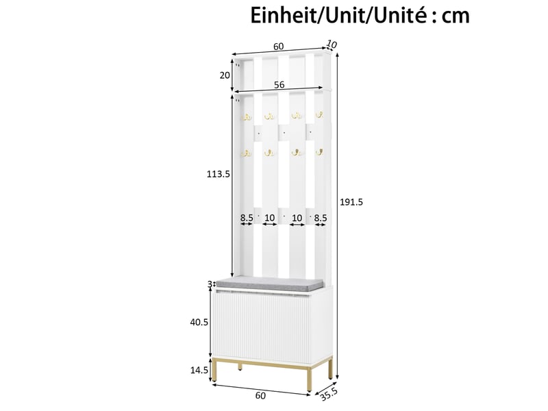 Vestiaire d’entrée avec banc, meuble à chaussures et led, 80x35x103 cm blanc - Conforama C