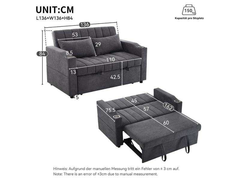  Canapé convertible 2 places avec dossier réglable, porte-gobelets et 2 coussins, canapé-lit multifonction avec fonction couchage - gris  - Conforama D