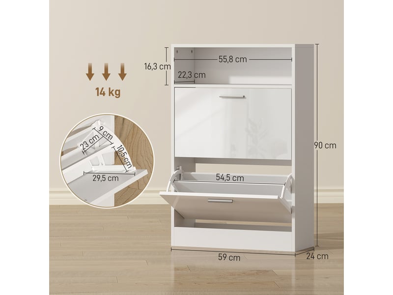  Meuble à chaussures 8 paires, armoire à chaussures, 2 tiroirs rabattables, étagères réglables et compartiment, blanc  - Conforama D