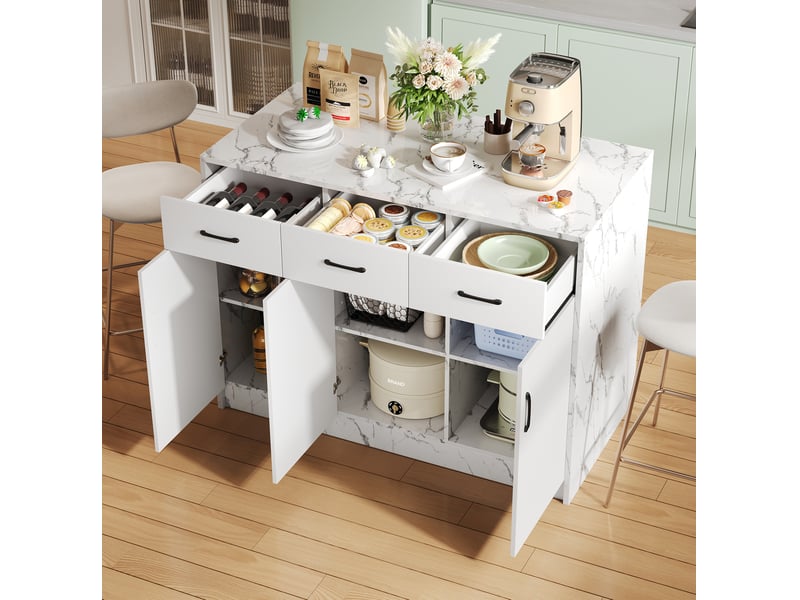  Îlot de cuisine 120 x 60 x 90,5 cm, bar intégré 26 cm, 3 tiroirs, 3 portes à tablettes réglables, mdf, blanc  - Conforama B
