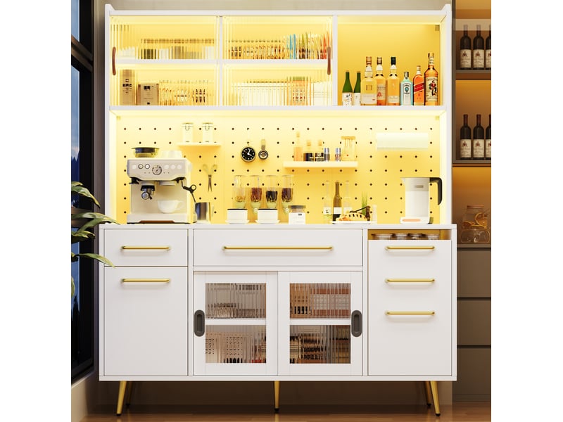 Meuble buffet rangement cuisine led portes coulissantes tiroirs 145 cm blanc verre homvra - Conforama C