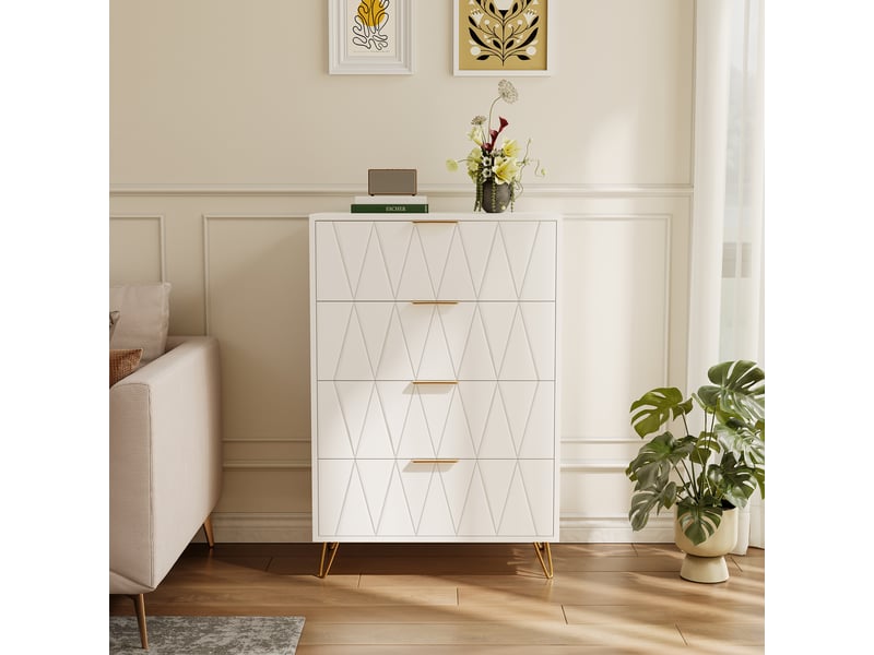  Commode avec 4 tiroirs, meuble à tiroirs avec pieds et poignées dorés, buffet blanc pour chambre à coucher, salon, couloir, 60 x 34 x 90 cm  - Conforama C