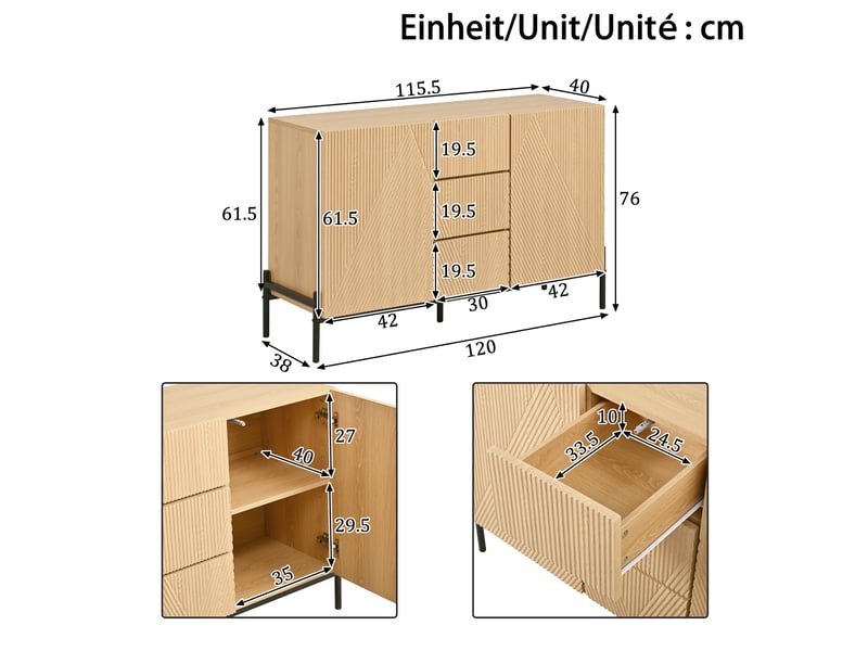  Buffet 115,5x40x76 cm avec 2 portes et 3 tiroirs coloris naturel  - Conforama C