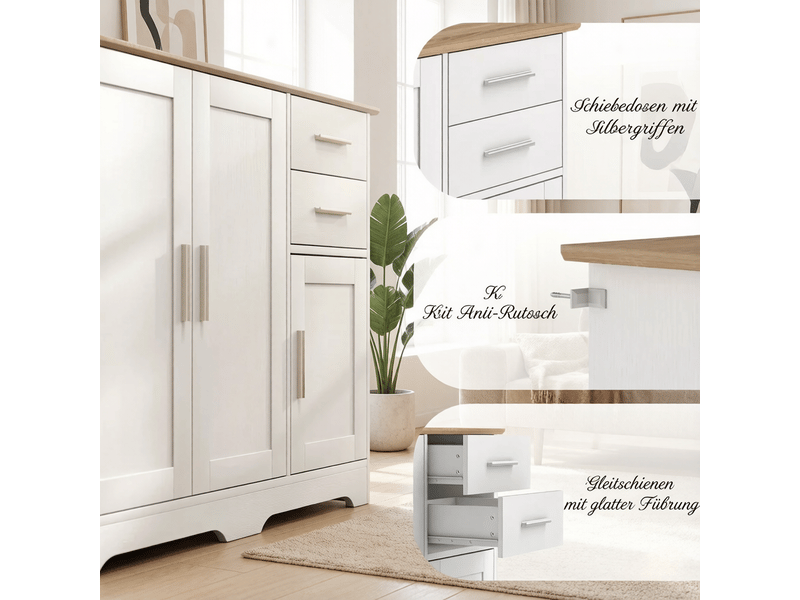  Meuble console 100x40x78 cm avec 2 tiroirs,2 placards,étagère réglable,mdf et panneaux de particules,blanc et bois naturel,entrée  - Conforama D