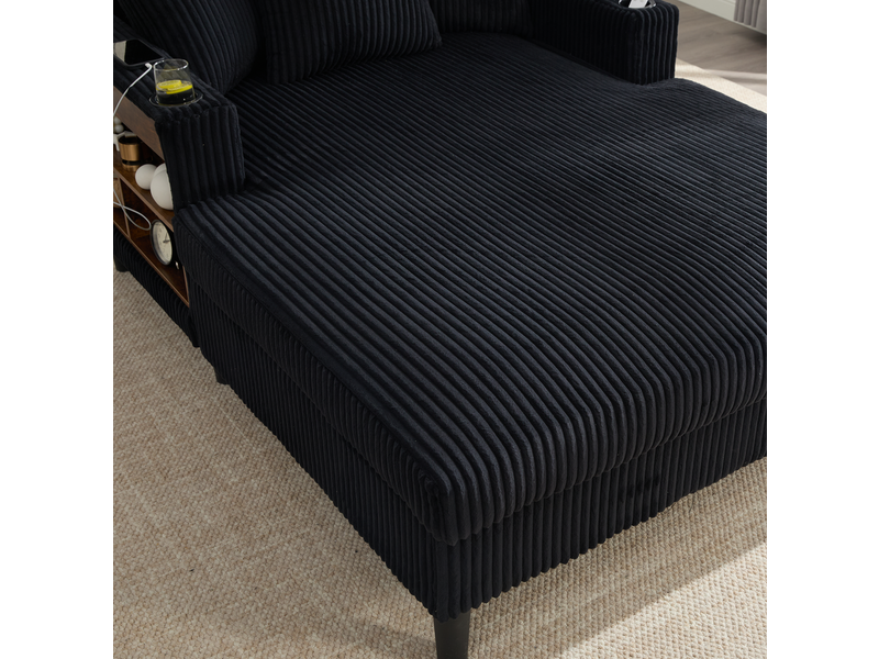  Chaise longue fixe 1 place en velours côtelé noir 129 x 170 cm, led, usb, rangements et porte-gobelets  - Conforama D