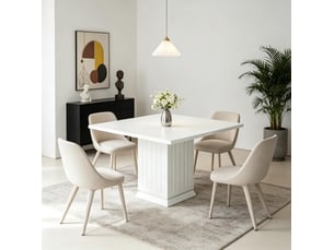 Table à manger carrée 90x90 cm – blanche – 4 places, pied central et plateau en panneau de particules