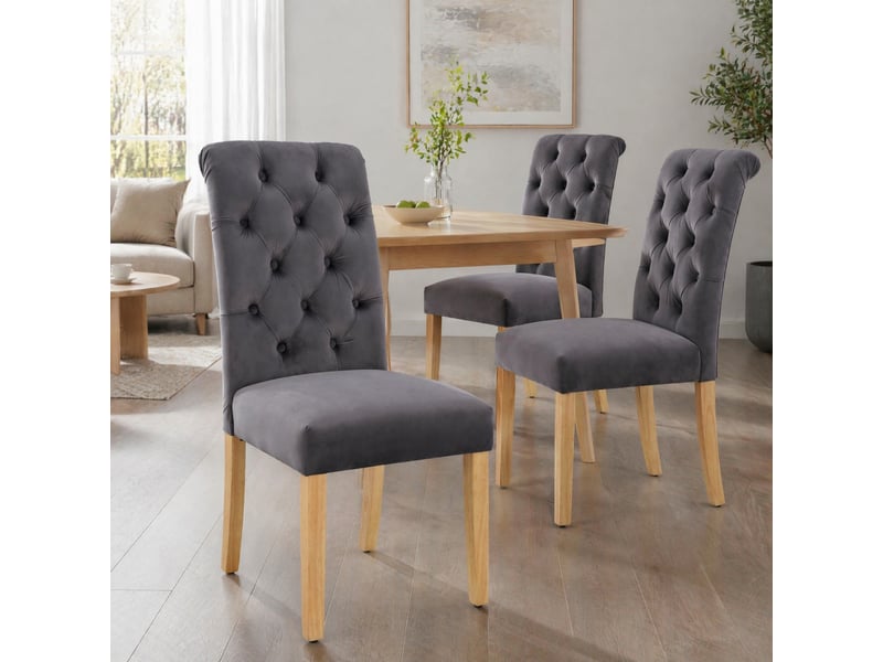  Lot de 2 chaises de salle à manger en velours gris avec pieds en chêne  - Conforama D