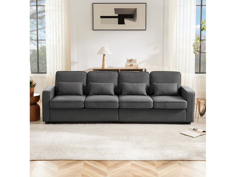  Canapé modenvie 4 places en tissu effet lin gris foncé avec 4 coussins et poches de rangement, 264 x 83 x 87 cm  - Conforama E