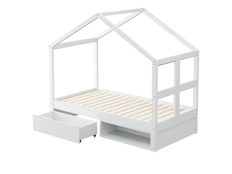 Lit simple avec tiroirs et meuble à chaussures, bois blanc, 90 x 190 cm, led multicolore, sommier - Conforama D