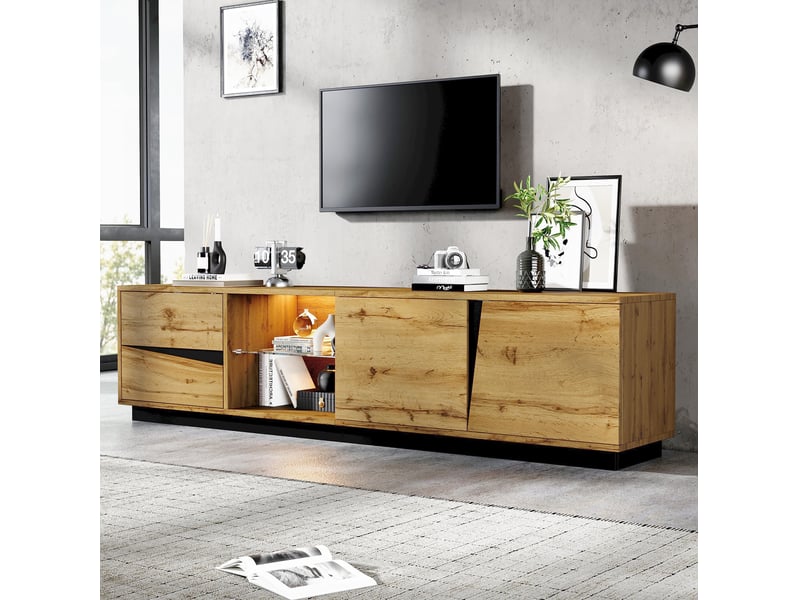  Meuble tv 180x35x45 cm mdf naturel et noir avec led, 2 tiroirs et 2 portes  - Conforama D