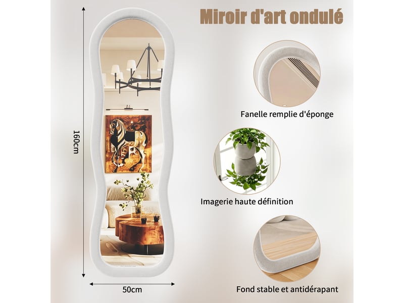  Miroir plein pied 160x50 cm forme ondulée, cadre rembourré en flanelle blanche, miroir au sol décoratif pour chambre et salon  - Conforama C