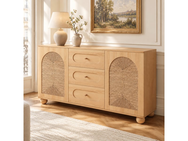 Buffet 2 portes tressées et 3 tiroirs, 140 x 40 x 80 cm, mdf, naturel - Conforama B