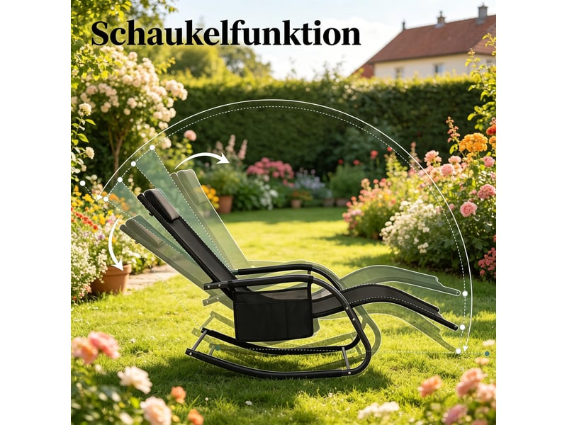 Chaise longue à bascule,152x62x83 cm,avec poche,métal et polyester,noir - Conforama D