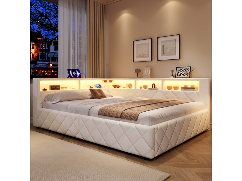 Lit coffre 140x200 cm avec rangement hydraulique, tête de lit avec étagère, LED réglable et port USB, lit rembourré en lin - Beige Fay Lum - Conforama D