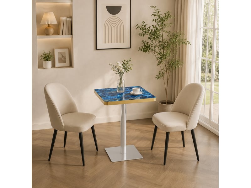  Table de salle à manger carrée pour 2 à 4 personnes, piètement métal, effet marbre bleu et bord doré, 60 × 60 × 74 cm  - Conforama B