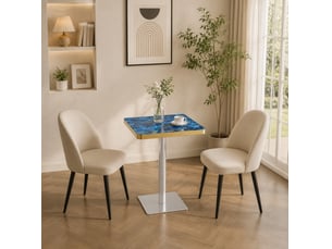 Table de salle à manger carrée pour 2 à 4 personnes, piètement métal, effet marbre bleu et bord doré, 60 × 60 × 74 cm