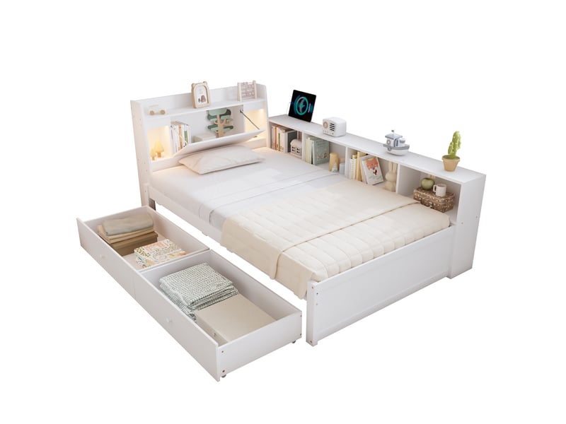  Modenvie lit 1 place avec rangement 90x200 cm - tête de lit avec étagère et prise, sans matelas - blanc  - Conforama A