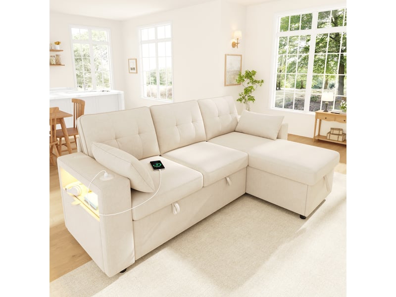 Canapé d'angle convertible 3 places 213x131x83 cm en chenille avec méridienne réversible, coffre de rangement, led, usb type-c - beige - Conforama D
