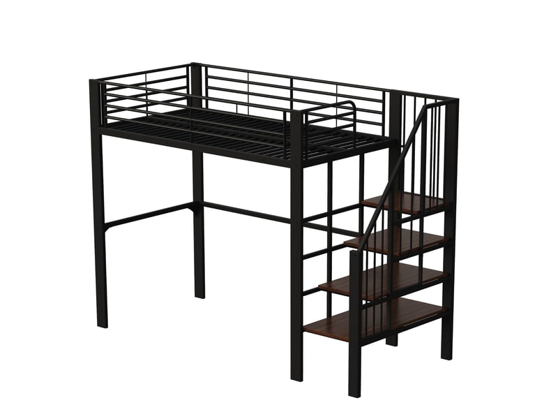 Lit mezzanine 90x200 en métal avec escalier et espace de rangement, cadre robuste pour adulte et enfant, noir - Conforama D
