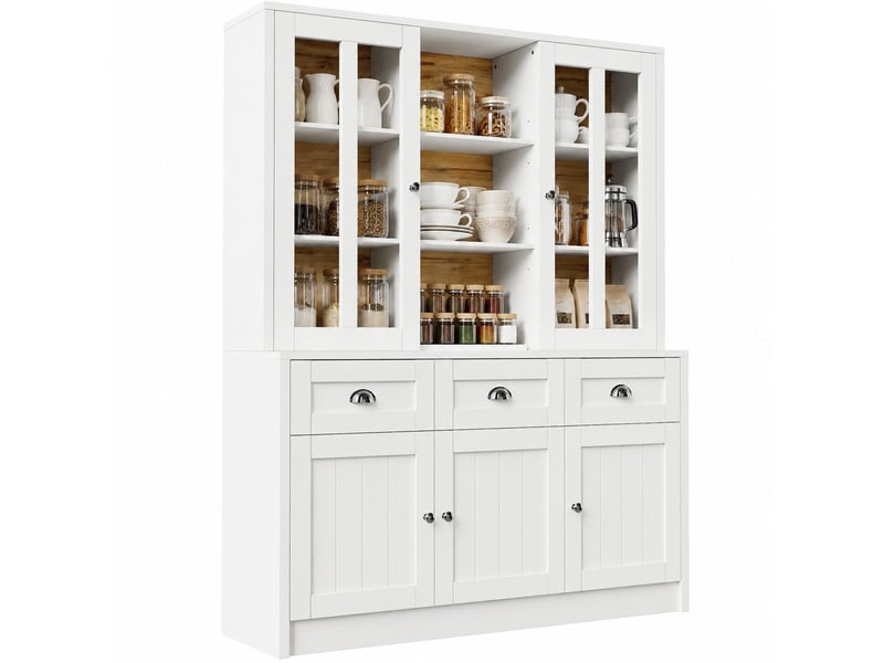  Buffet haut modenvie 140 x 38,5 x 175 cm en mdf et acrylique blanc avec 3 tiroirs et rangements  - Conforama A
