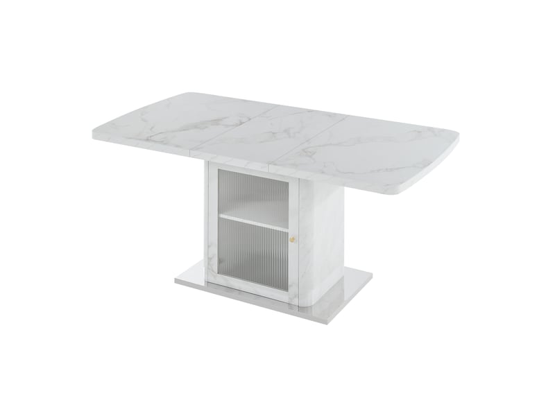  Table à manger rectangulaire extensible 120-160x80x76 cm, rangement, plateau effet marbre, mdf métal verre, blanc  - Conforama A