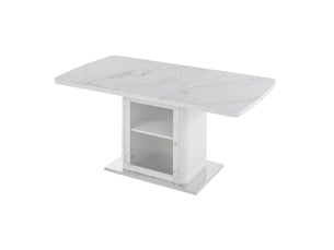 Table à manger rectangulaire extensible 120-160x80x76 cm, rangement, plateau effet marbre, mdf métal verre, blanc