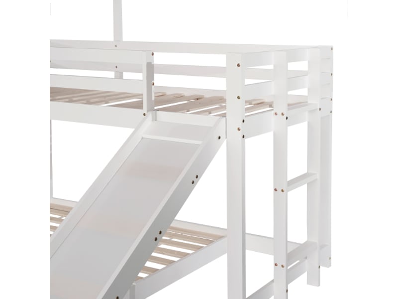 Lit superposé 90x200+140x200cm, lit enfant, avec barrière de protection contre les chutes, échelle et toboggan, pin + mdf blanc - Conforama R