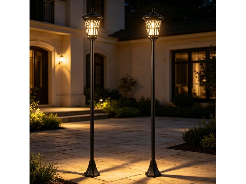  Lot de 2 lampadaires solaires de jardin 23,5 x 23,5 x 186 cm en acier inoxydable et abs réglables en hauteur noirs chicfurn  - Conforama B