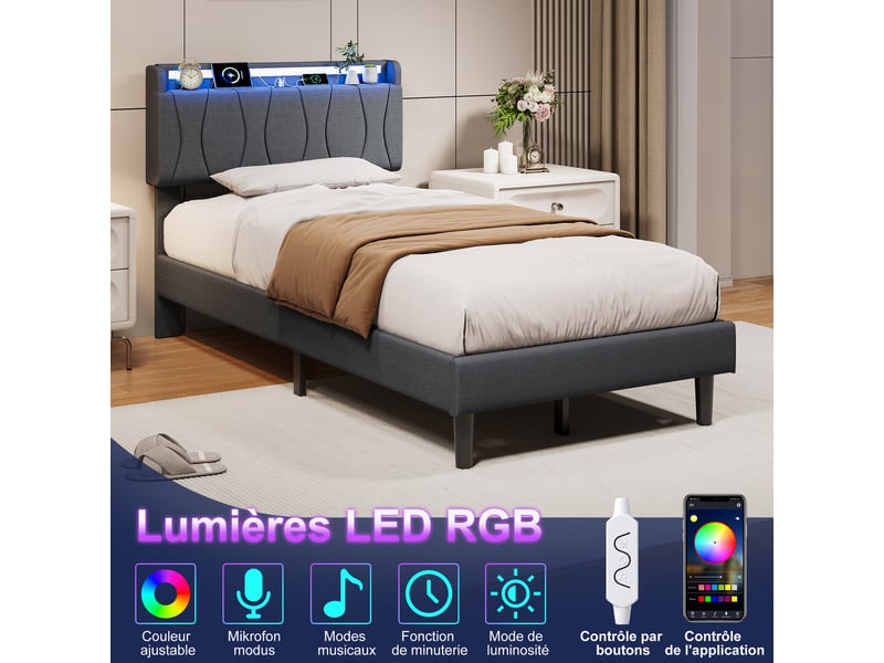  Lit enfant 90x200 cm, lit 1 place avec tête de lit, led, rangement et sommier, port usb et usb-c, lin, gris, sans matelas  - Conforama B