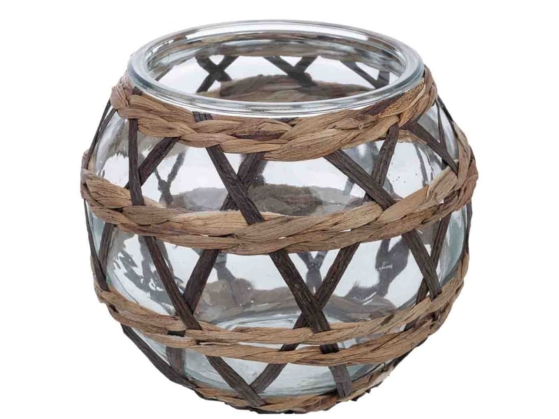  Bougeoir en verre recouvert de fibres naturelles marron, d15,5x11,5h cm  - Conforama A