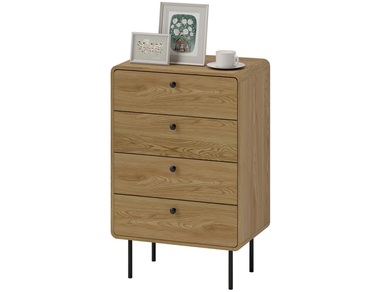  Commode 4 tiroirs, meuble de rangement étroit avec pieds en acier, coins arrondis, 60 x 39 x 91,5 cm, chêne  - Conforama B