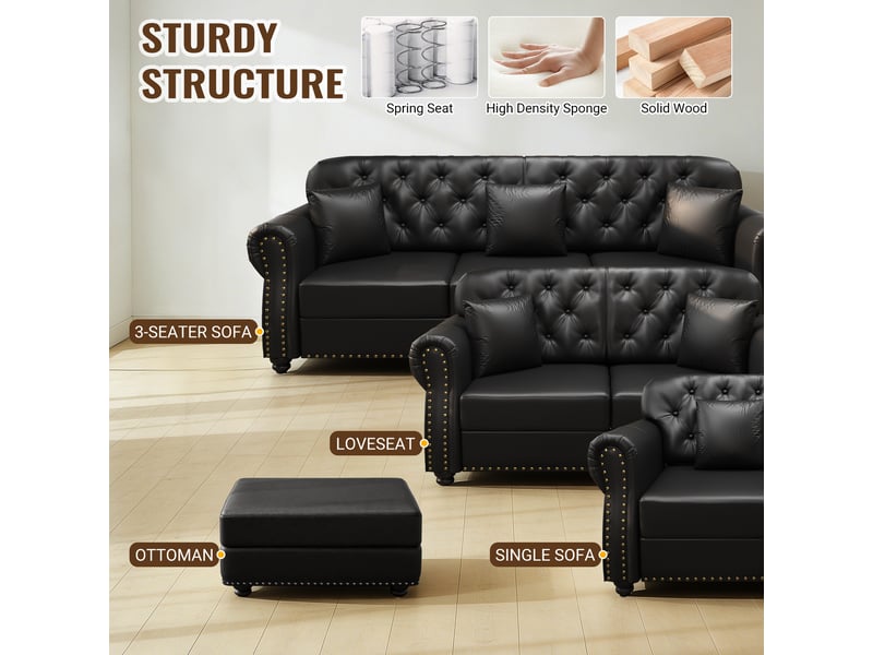  Canapé moderne - canapé chesterfield trois places de 210 cm avec deux poufs amovibles, revêtement en similicuir, noir  - Conforama W