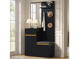 Vestiaire d'entrée compact avec meuble à chaussures, banc, miroir, éclairage led, noir