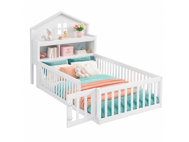  Lit enfant 90 x 200 cm en bois avec rangements, tableau, barrière et porte, blanc  - Conforama A