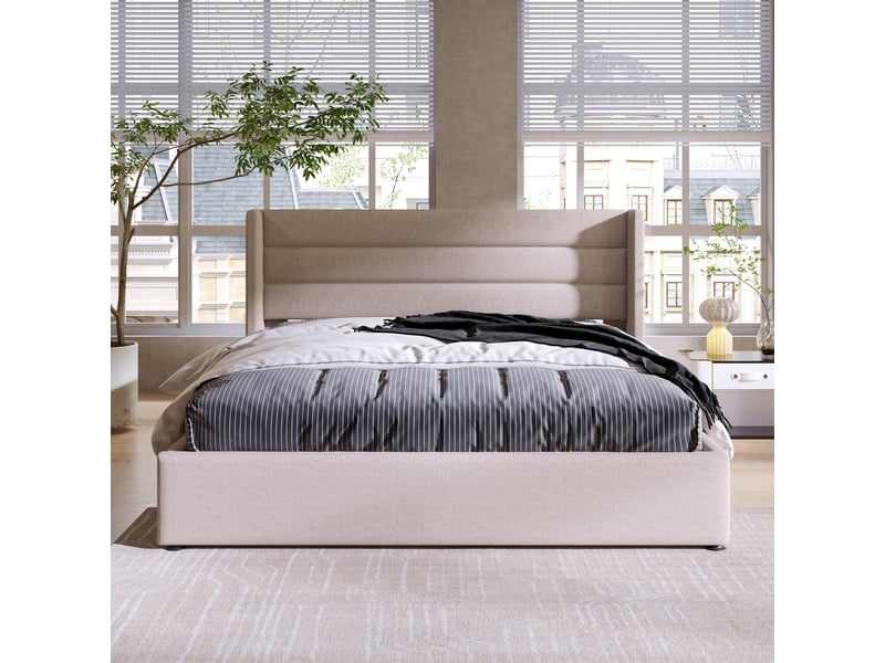  Lit coffre hydraulique 160x200cm en lin beige, sommier à lattes inclus, sans matelas, tête rembourrée  - Conforama D
