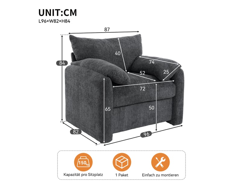  Fauteuil modenvie 1 place en chenille gris 96 x 82 x 84 cm  - Conforama C